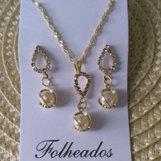 Kit Colar e Brinco Feminino Perola e Folheados Dourado e Prata Lindo