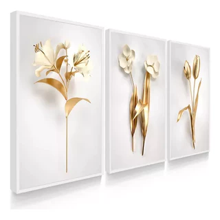 Kit Quadros Com Moldura E Vidros Sala Flores Douradas Branco Abstrato Moldura