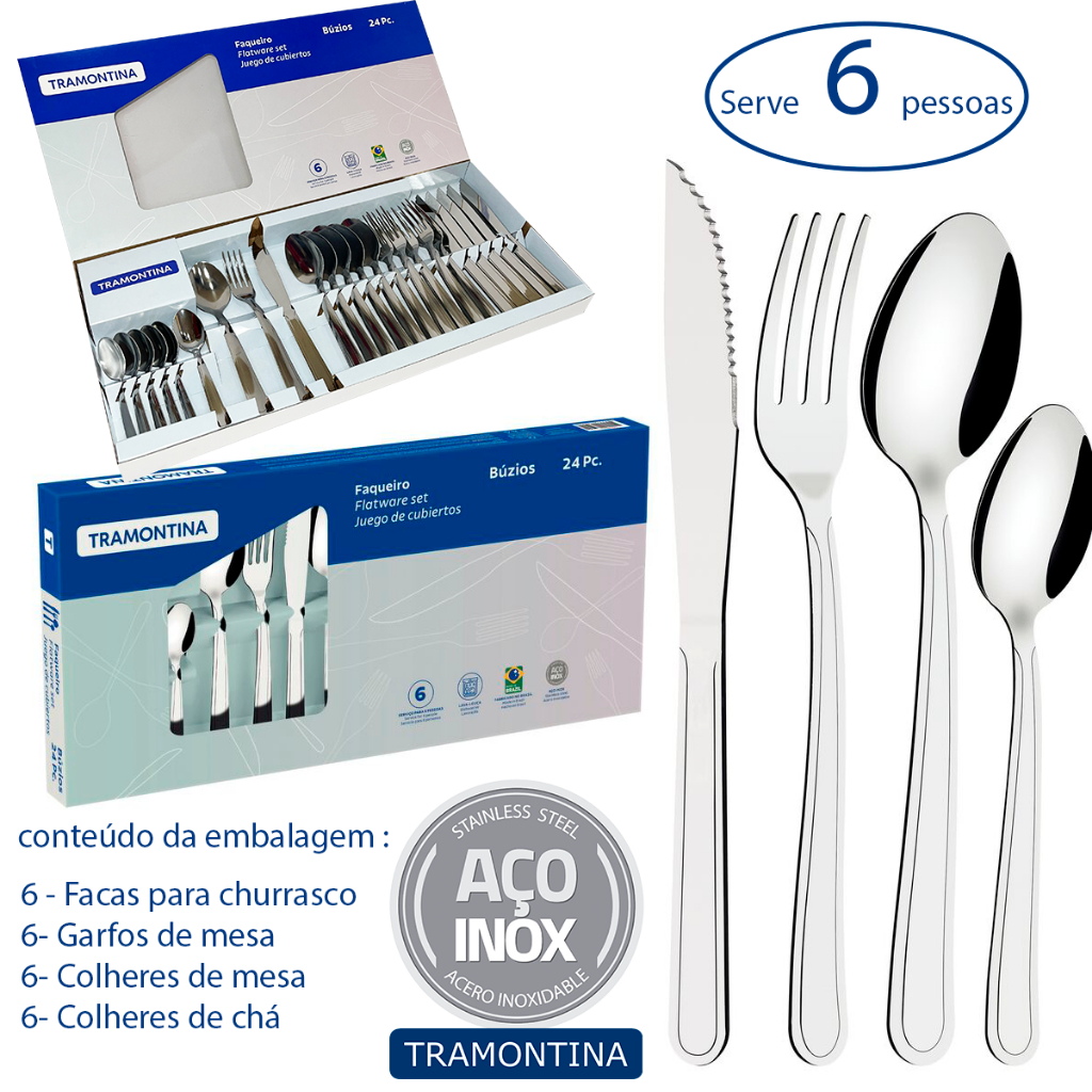 Jogo de talheres faqueiro Tramontina em aço inox 24 peças Búzios