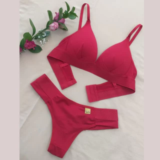 Conjunto Sutiã Liso com Bojo Soft Sem Aro e Calcinha Tanga Fio Duplo de Microfibra Lingerie Feminina Confortável