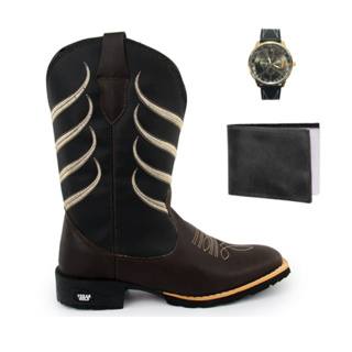 Kit Bota Texana Masculina de Couro Country + Carteira e Relógio Escama TX Café