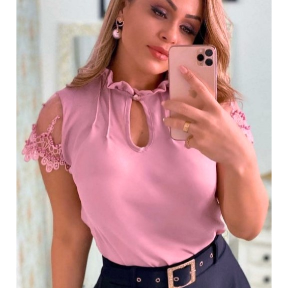 Blusa Camisa Manga Curta Pink Rosa choqueRenda Social Moda