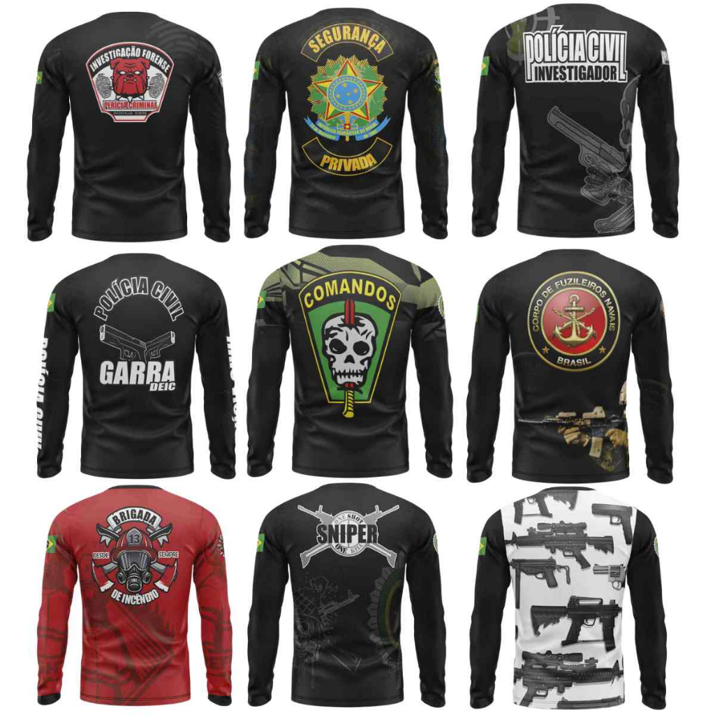Camiseta militar policia policia braigada de incêndio segurança privada com Proteção Uv50+ ENVIO IMEDIATO + Várias Estampas