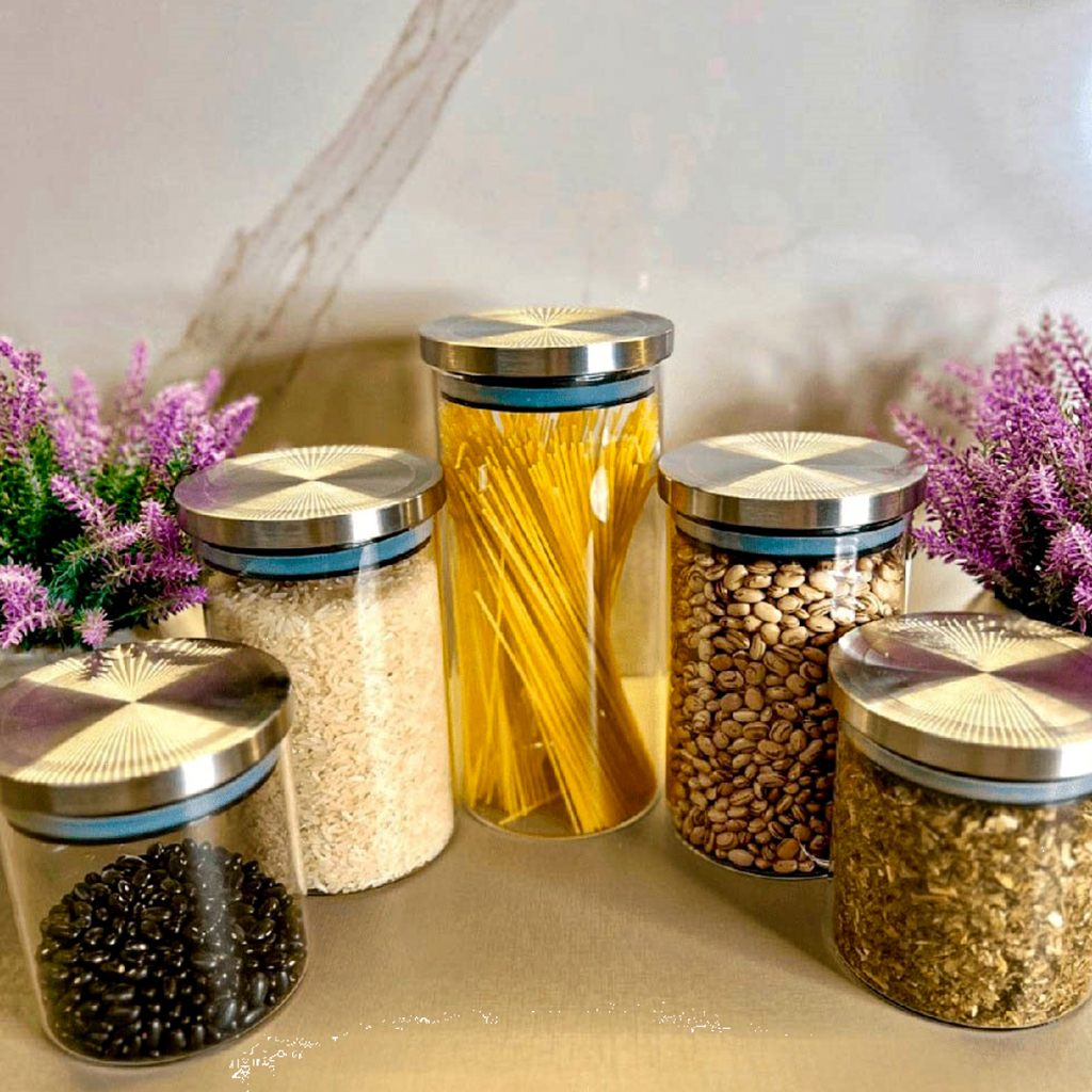 Jogo Com 5 Potes De Vidro Borosilicato ou Acrílico Com Tampa Hermética