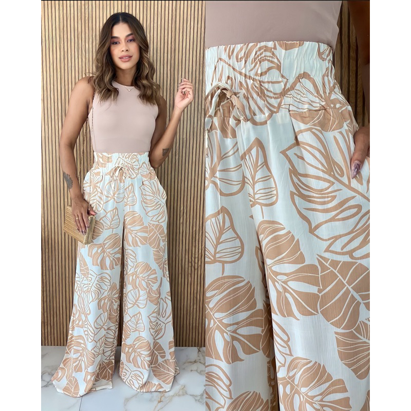 Calça pantalona estampada cos alto cintura alta