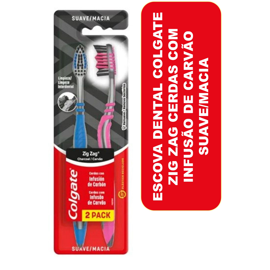 Escova Dental Colgate Zig Zag Cerdas c/ Infusão de Carvão Suave/Macia c ...