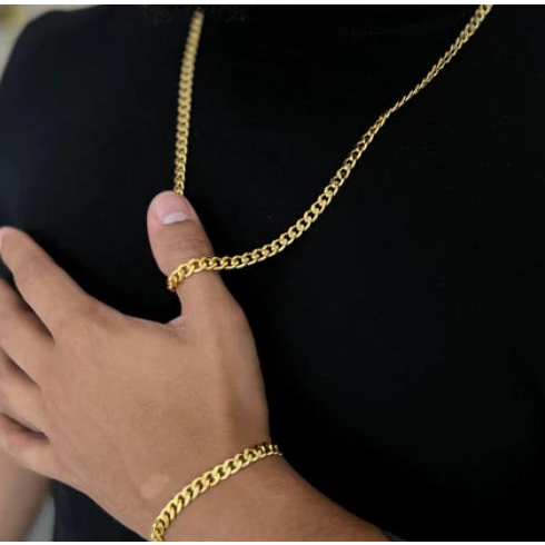 Kit Corrente E Pulseira Banhado Dourado Masculina