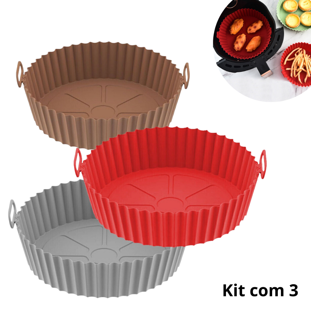 KIT 3 Forma De Silicone Para Air Fryer Forno Microondas Fritadeira Assadeira – Reutilizável Antiaderente Flexível 21cm