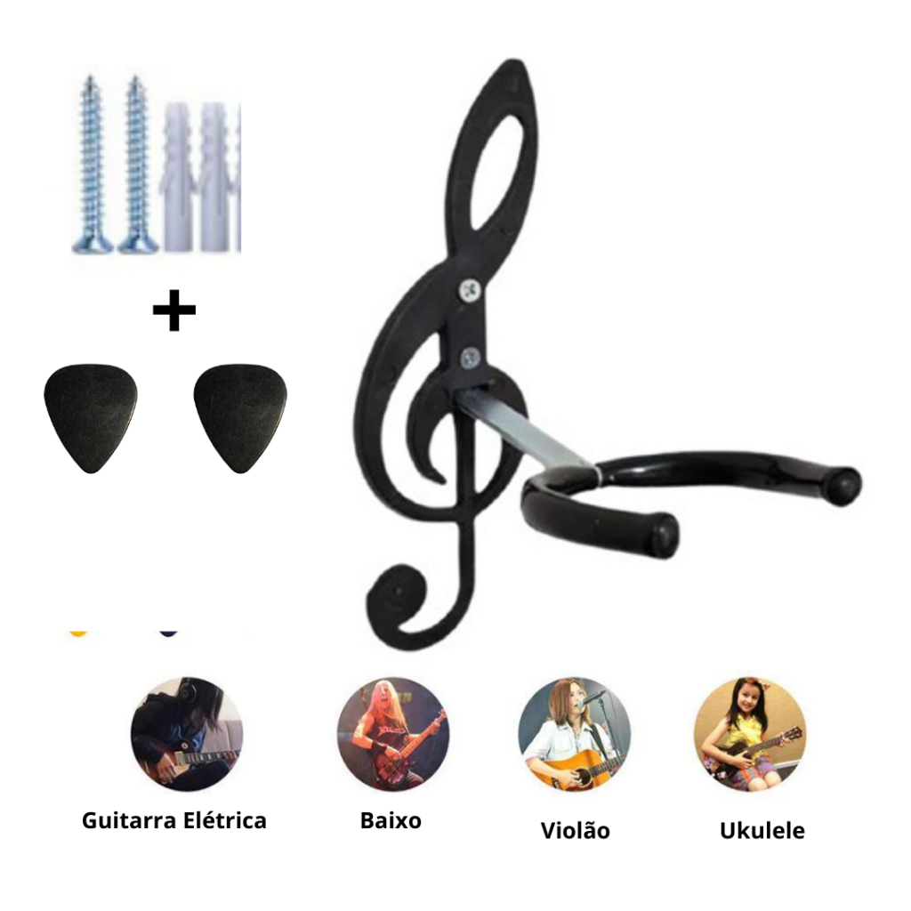 Suporte de parede para violão modelo Clave de Sol - Fácil Instalação, kit completo para instalação, Suporte Robusto, Acompanha 2 paletas
