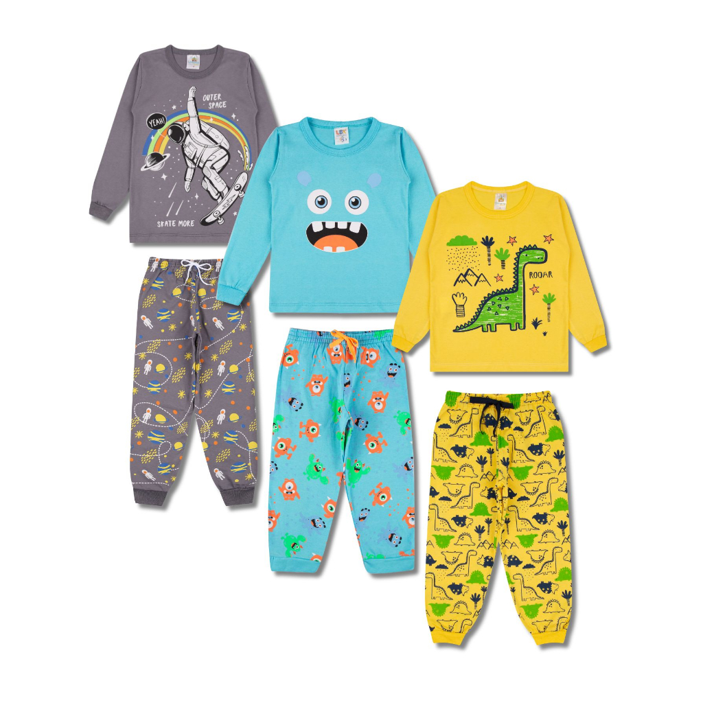 Kit 4 Peças Pijama Infantil Menino Manga Comprida Tamanho 1 ao 10 Atacado