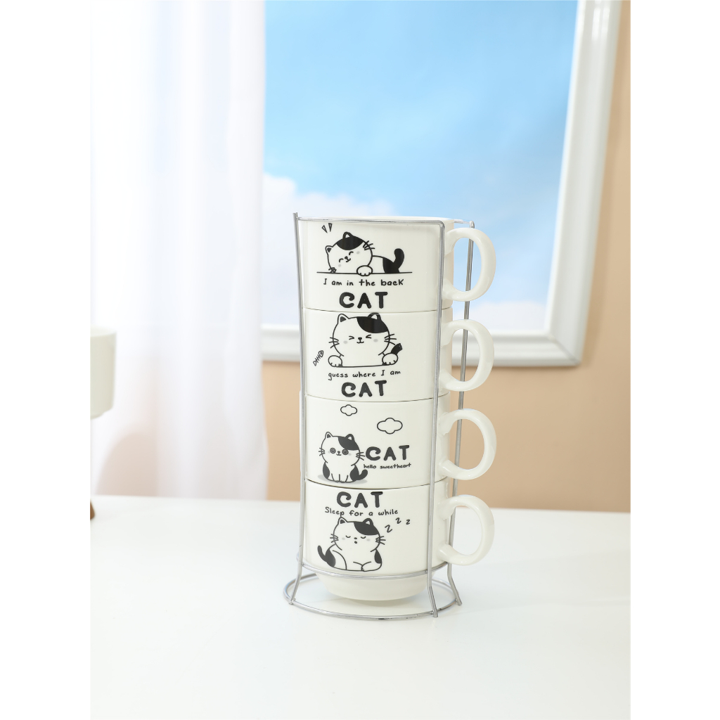 Kit 4 Xícaras Cerâmicas + 1 Suporte Torre de Metal 150ml - Pets/Gatinhos