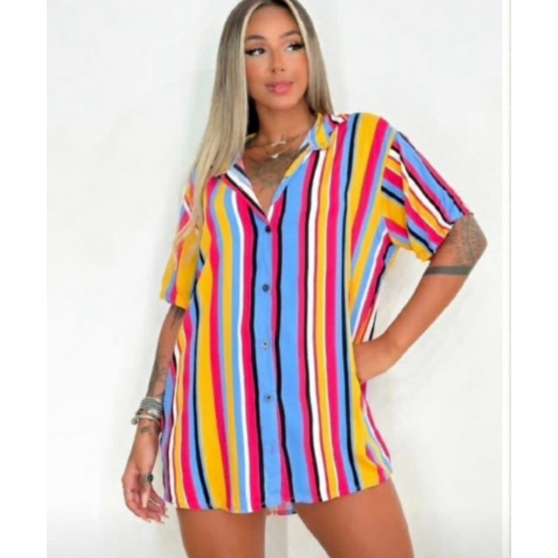 Camisa oversized blusão casual botões despojada estampada onça pipoca Netflix listras listrada zebra animal print onça moda blogueira gringa verão praia