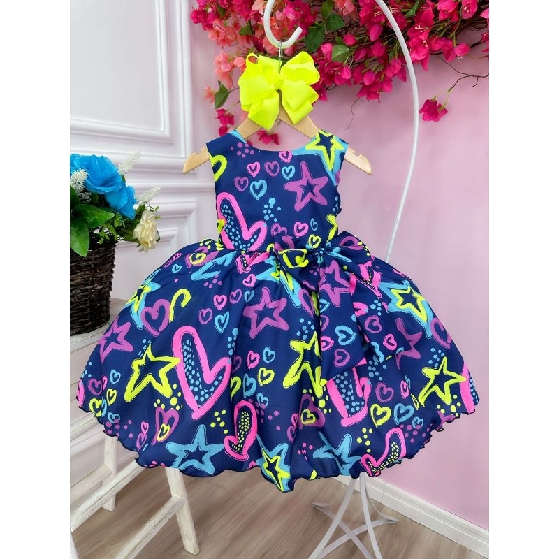 Vestido Infantil Barbie Azul Marinho Neon C/ Broche de Laço