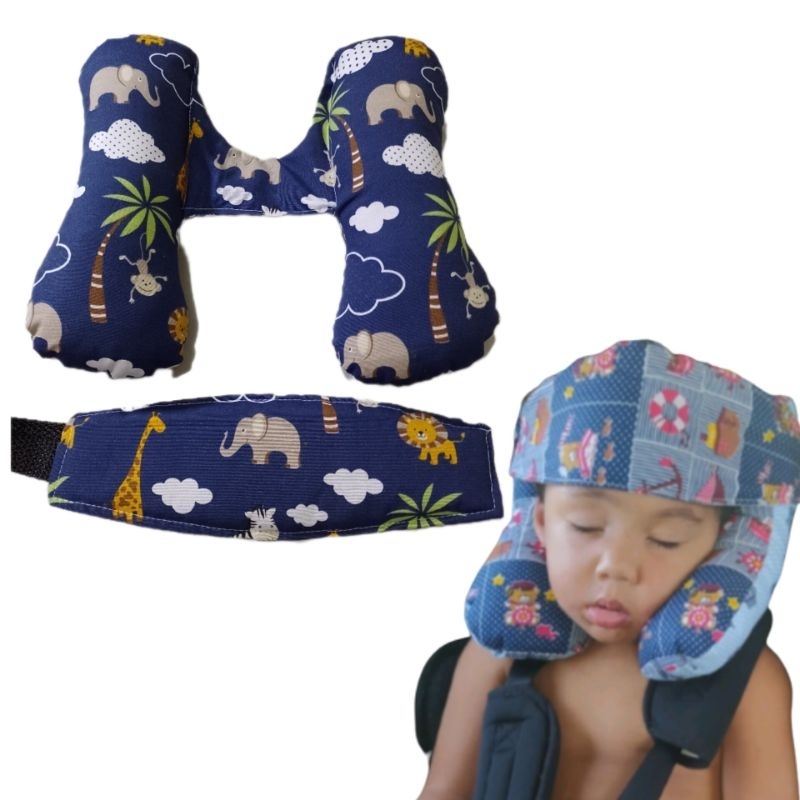 Almofada de pescoço infantil e faixa apoio de cabeça.