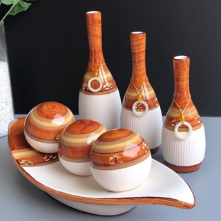 Kit 7 Peças Jogo Decorativo Completo em Cerâmica - Centro de Mesa e Trio de Vasos - Enfeites para Sala