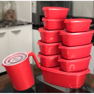 Kit Pote de Plástico e Jarra Vasilhas 11 Peças, Organizadora Com Tampa