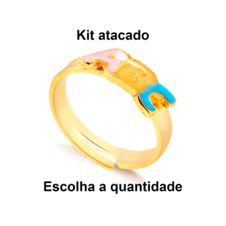 Kit Anel ABC Infantil Banhado a Ouro 18K Com Pingente em Resina