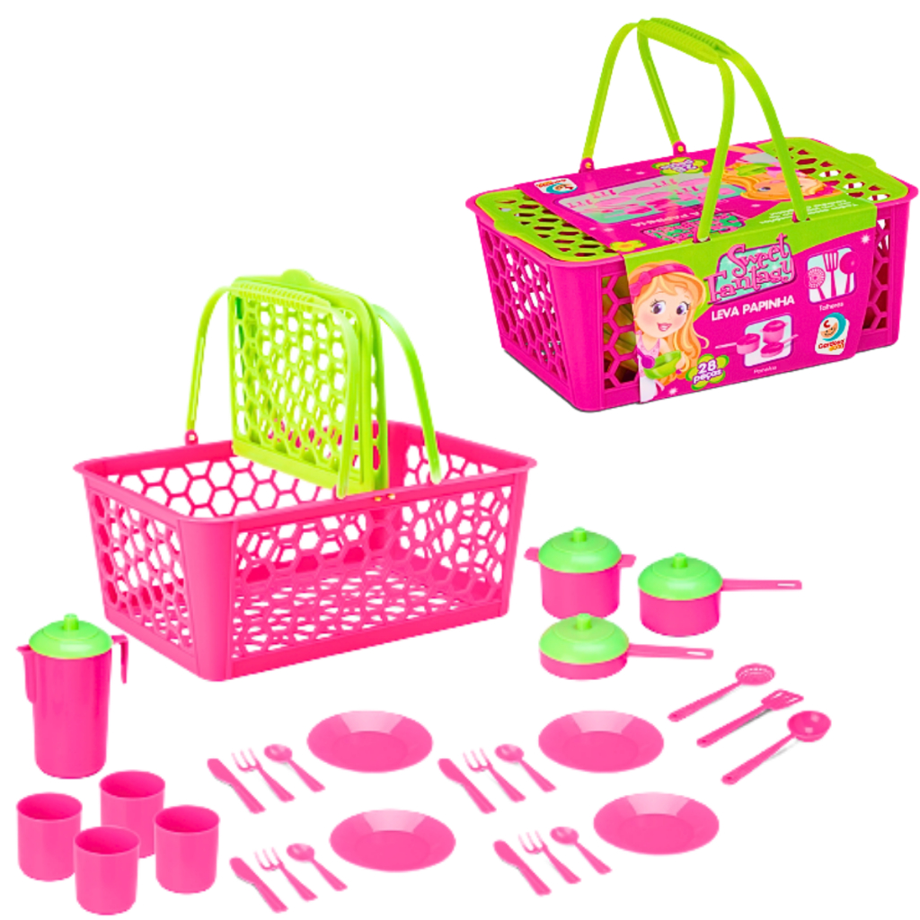 Kit Cestinha com 28 peças Leva Papinha Com Acessórios De Cozinha Brinquedos Cardoso