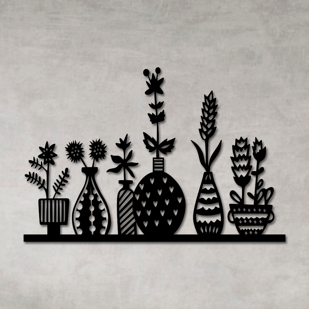 Quadro Decorativo Vazado Vasos de Flores Escultura de Parede MDF Preto