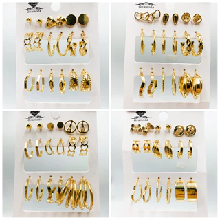 Kit 9 pares de brincos argolinha e ponto de luz/trançadinho folheado prata e ouro