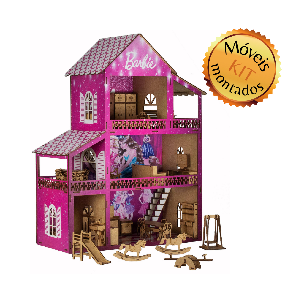 Casinha de Bonecas Infantil em Madeira MDF Casa de Brinquedo 2 Andares com  22 Móveis Sulartes Rosa : : Brinquedos e Jogos