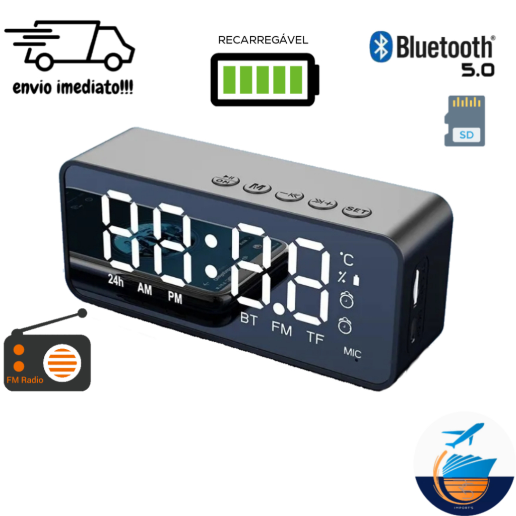 Relógio quarto Mesa despertador G50 - rádio FM - Bluetooth 5.0 - Micro SD bateria 1000mAh
