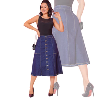 Saia Moda Evangelica Jeans Midi Godê Frente Botão Comportada Com Elastano Abertura Frontal