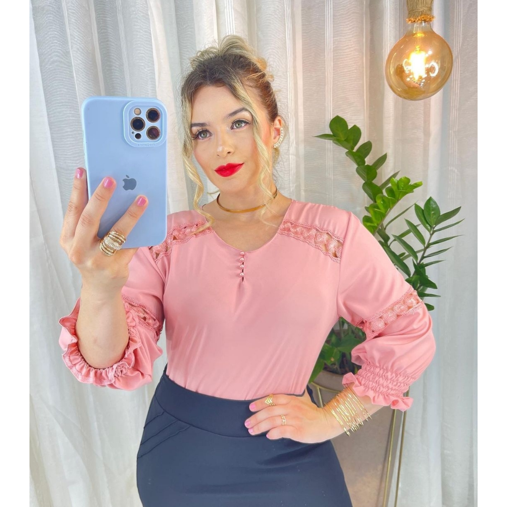 Blusa manga 3/4 botões social evangélica moda feminina ZD