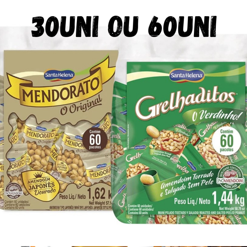 Kit Com 30 ou 60 Amendoim Mendorato com casca Grelhadito sem casca