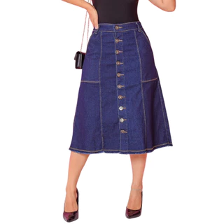 Saia Feminina Jeans Moda Evangelica Midi Godê Frente toda Botão Comportada Elastano