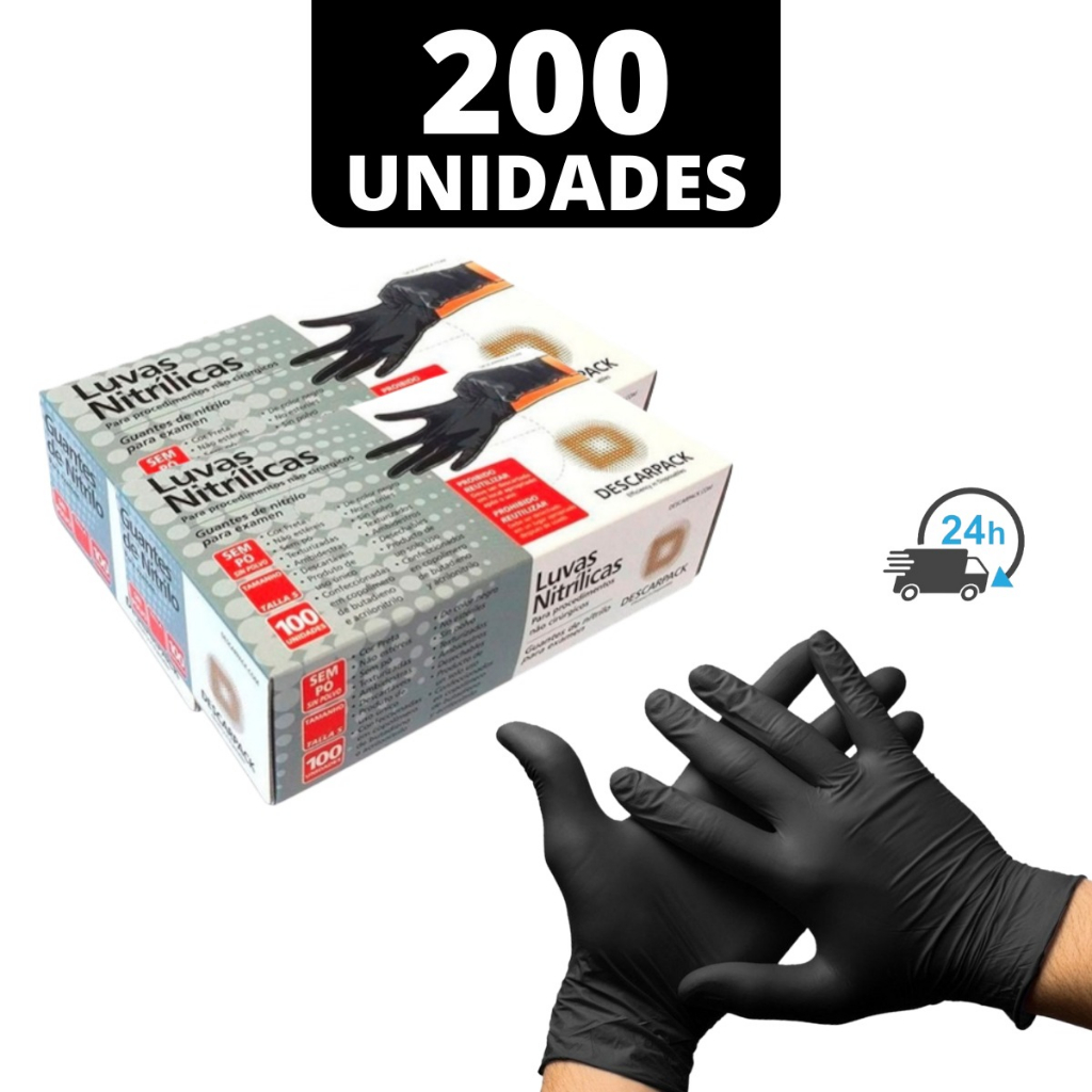 Luva Descartável Nitrílica Preta C/200 Unidades (2 Caixas) Descarpack