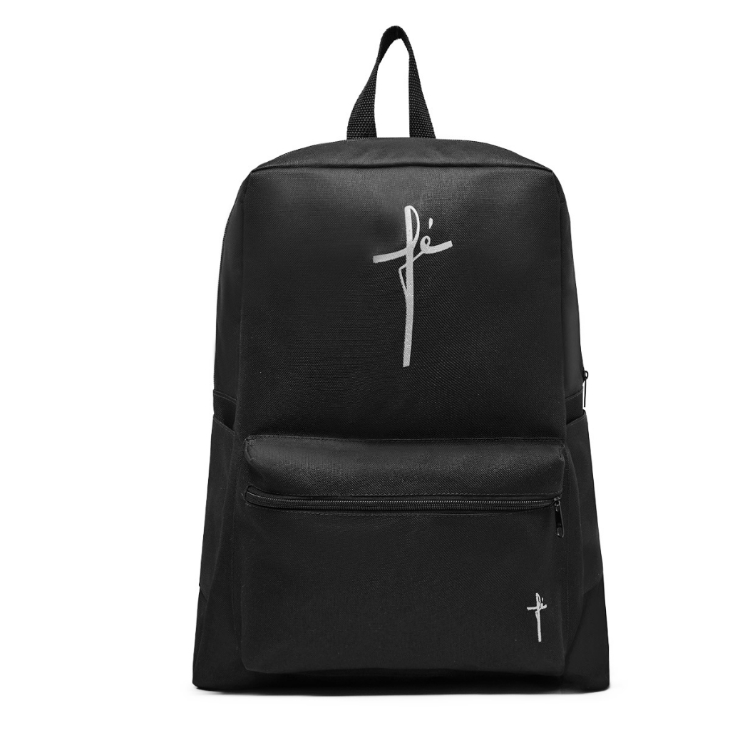 Mochila Unissex Fé Preta de Estampa Lisa, Com Bolso Externo de Ziper, Leve e Espaçosa
