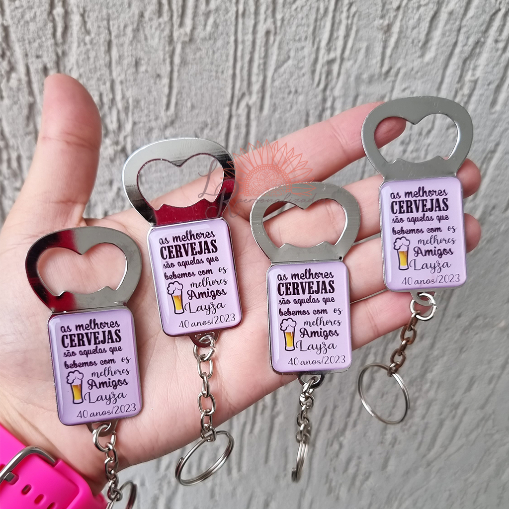 Kit 10 chaveiros chapinhas de metal abridor retangular personalizado em resina