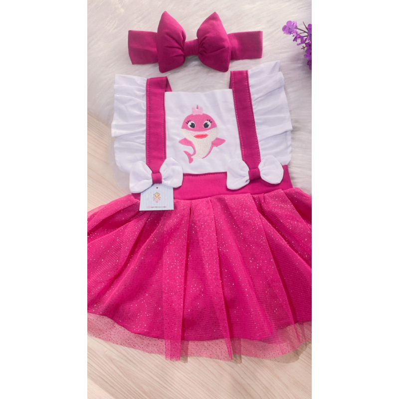 Romper Baby Shark Rosa Pink Salopete Fantasia Vestido Saia Jardineira Roupa Infantil Bebê Menina Aniversário