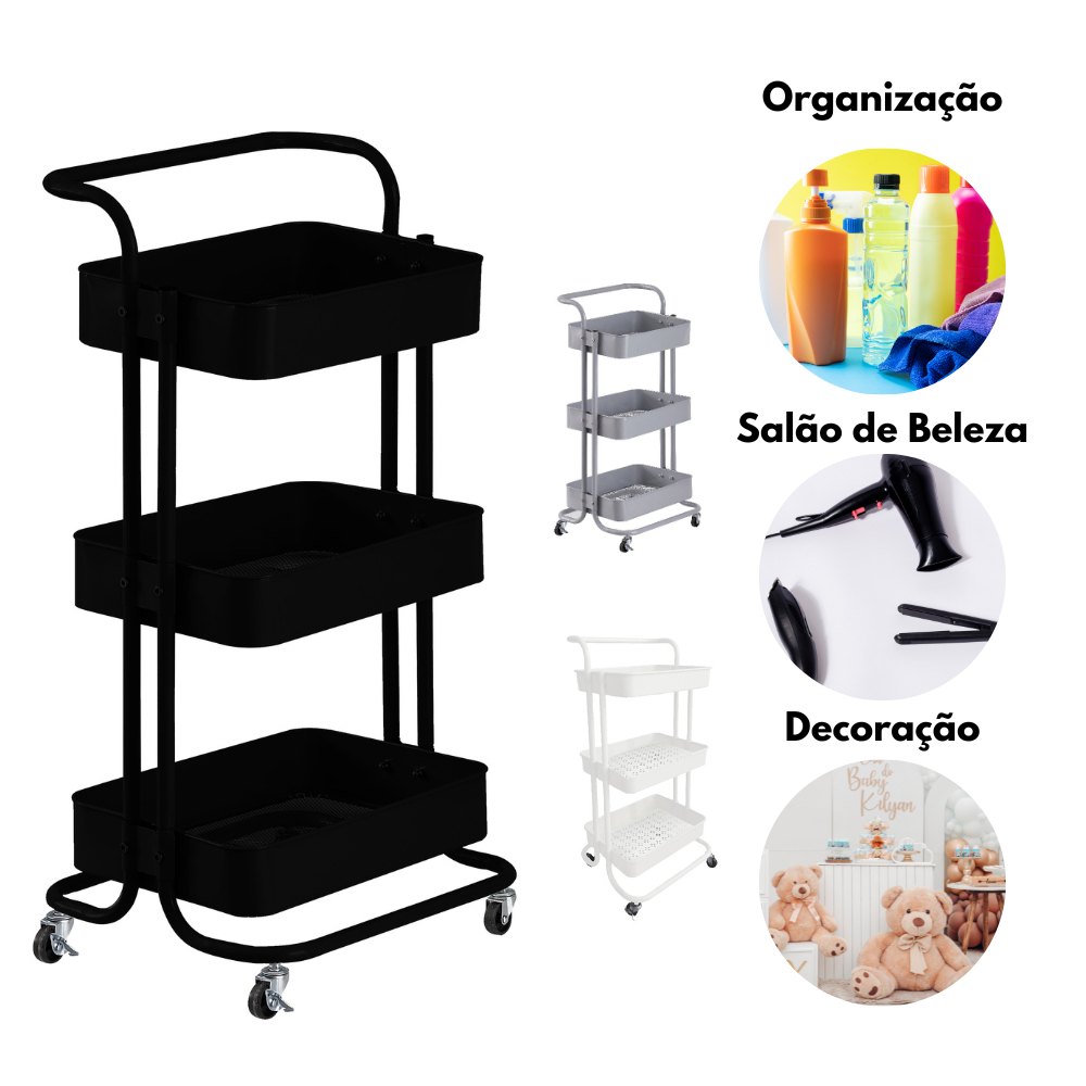 Carrinho Organizador Multiuso 3 Prateleiras com Rodinhas Cesta de Plástico Cabeleiro Fruteira Porta Tempero
