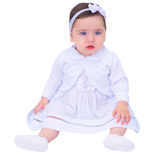 Vestido de Bebê Batizado Branco Menina com Bolero e Tiara 3 Peças 2 a 18 Meses 100% Algodão