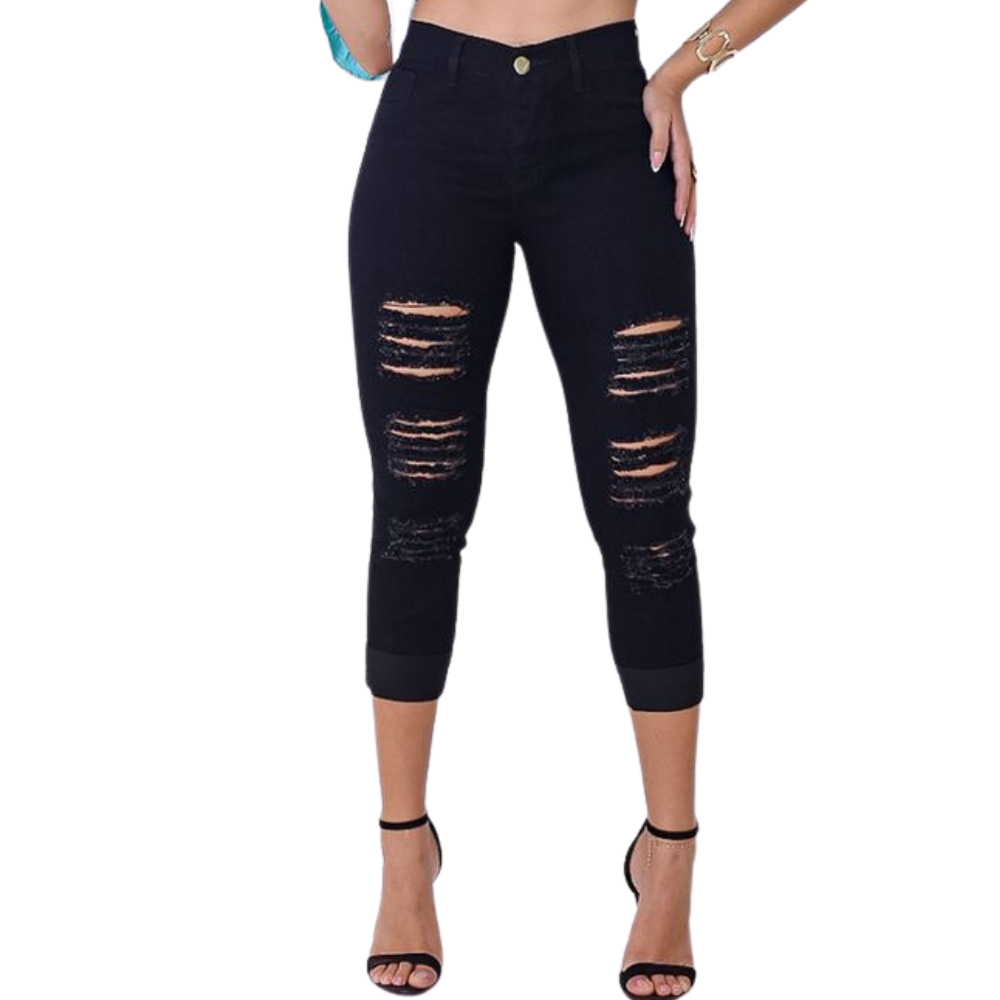 Calça Jeans Feminina Skinny Com Lycra Preta Com Rasgo No Joelho Levanta  Bumbum Cintura Alta - Altíssima Qualidade - COD: 001