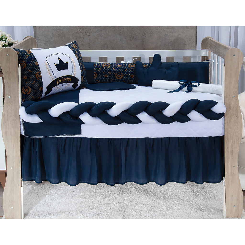 Kit protetor berço masculino americano / nacional trança e coroa príncipe  11 peças com saia azul bebê | Submarino
