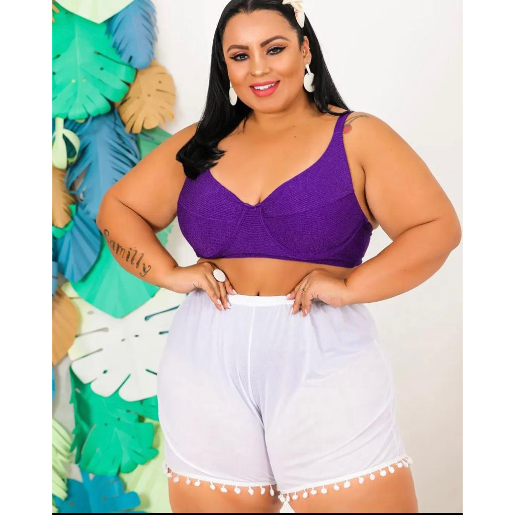 Shorts Saída De Praia Plus Size pompom Tam 46 Ao 50