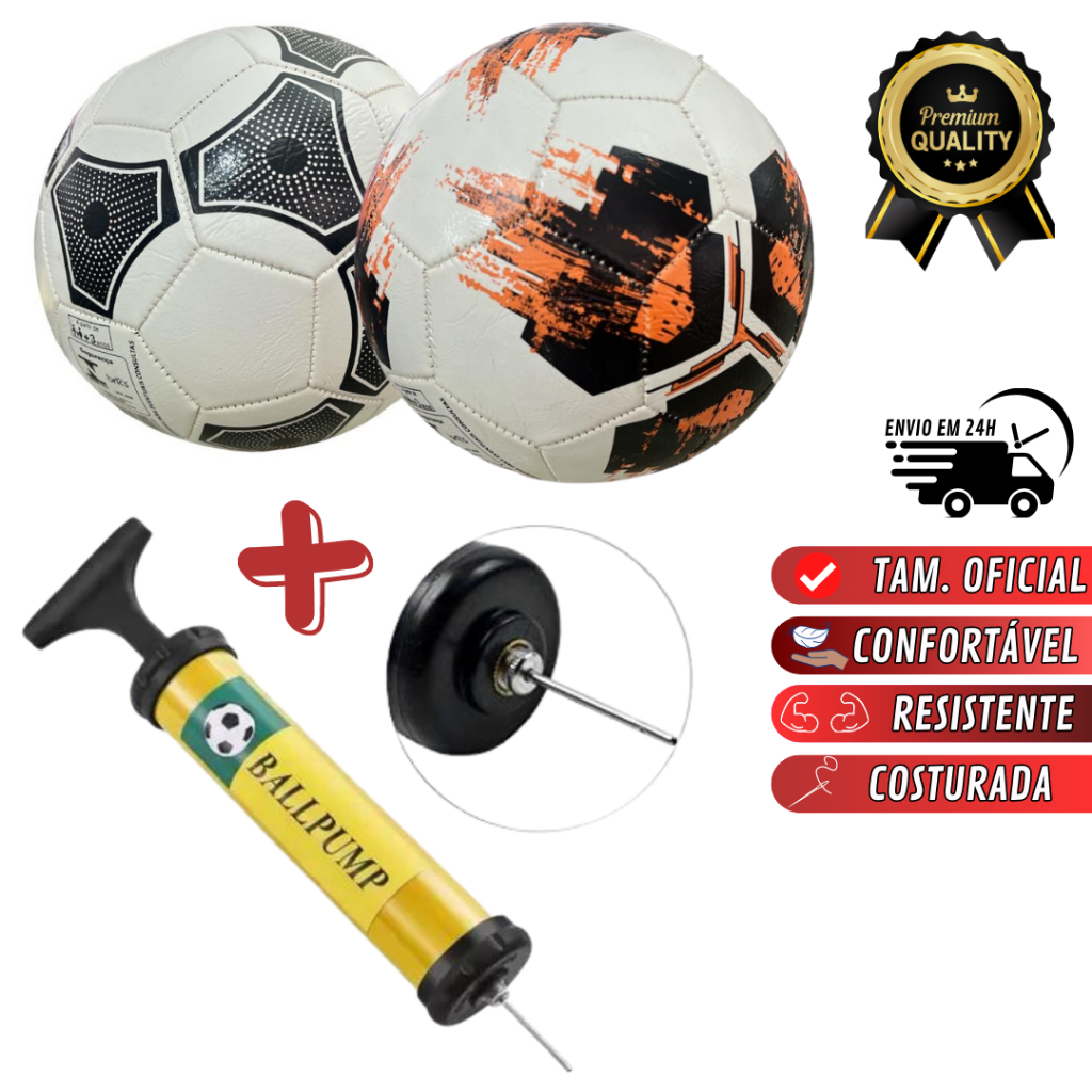 Kit Bola de Futebol Futsal Quadra Campo Profissional + Mini Bomba de Inflar Tamanho Oficial Couro Sintético Costurada Número 5 Com ou sem Bomba de Ar para Encher Treinamento Adulto Jovem Estudante