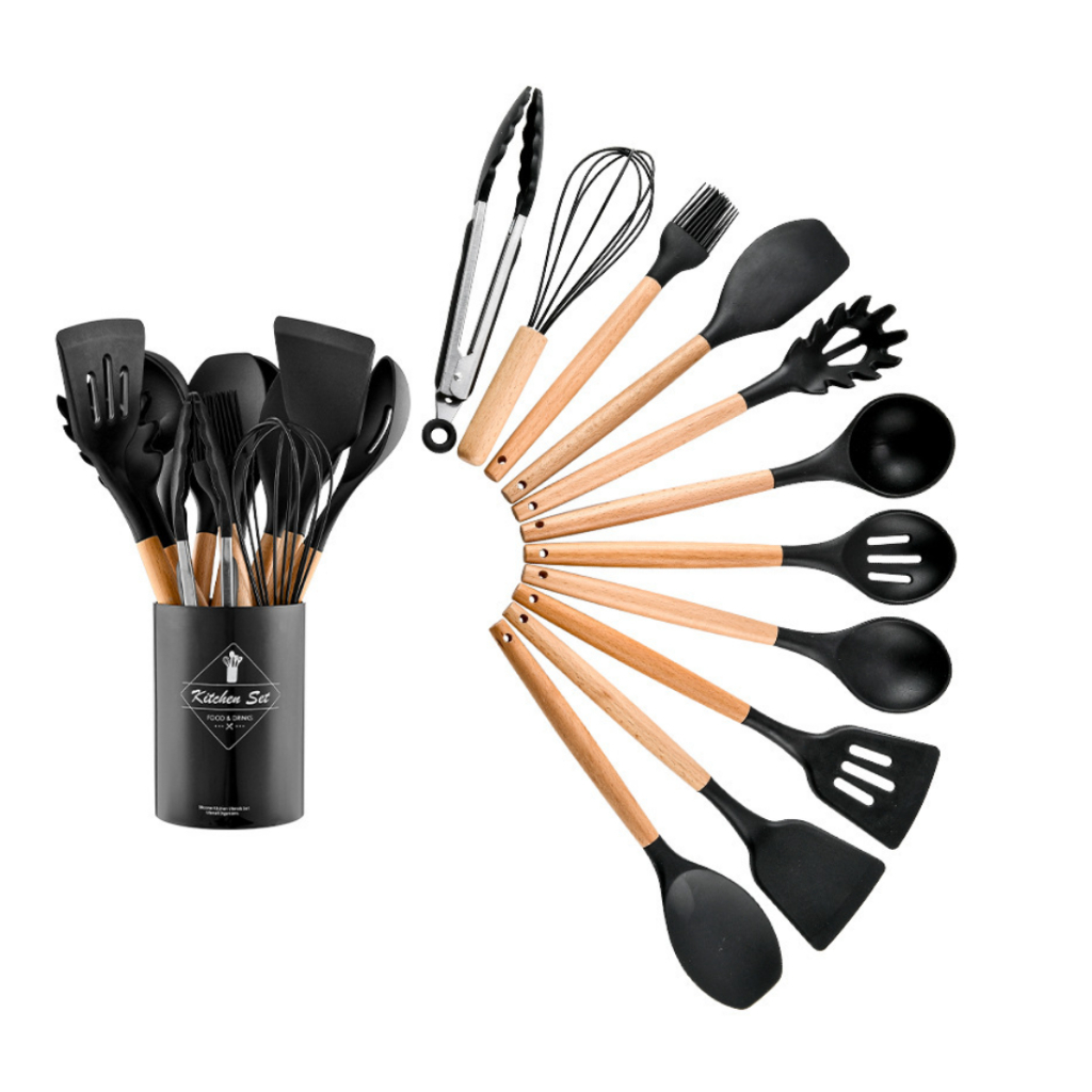 Kit 12 Utensílios de Cozinha de Silicone Antiaderente com Cabo de Madeira