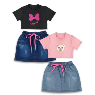 KIT COM 2 CONJUNTOS CROPPED E SAIA JEANS INFANTIL 01 AO 08