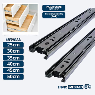 Corrediça Trilho Telescópica Light 35kg PAR Com Parafusos para Gavetas (Escolha seu tamanho) 25cm | 30cm | 35cm | 40cm | 45cm | 50cm