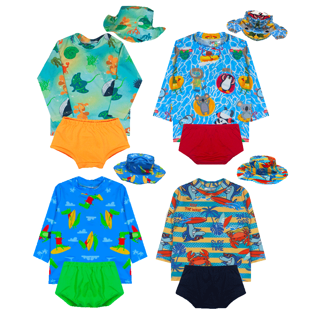 Kit Blusa com Proteção Solar UV50 + Sunga + Chapéu Bebê e Infantil Moda Praia Meninos