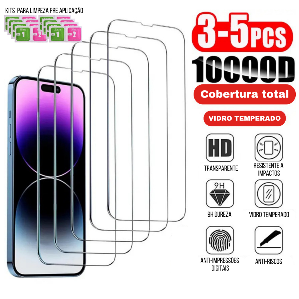 5X Unidades Película de Vidro temperado 3D Tranparente, para Iphone 6 7 8 X XR XS 11 12 13 14 15