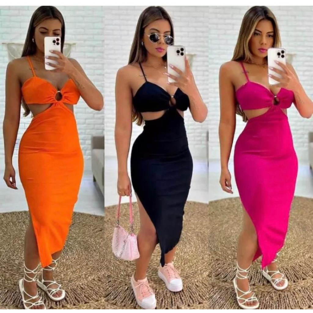 Vestido Ariane Canelado Decotado Com Fenda Lateral Moda Feminina