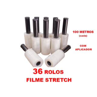 36 Rolos Filme Stretch C/ Cabo Adaptador (10cm) 100 Metros (cada)
