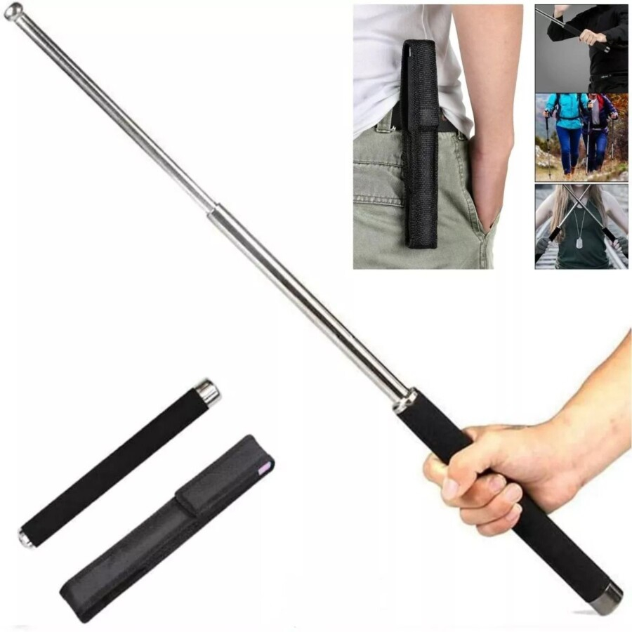 Bastão Retrátil Kit Defesa Pessoal Cassetete Em Aço Cromado Auto Defesa