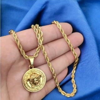 Corrente Masculina Cordão trançado Baiano 60cm Aço inox Com Pingente Medusas Corrente banhada a Ouro