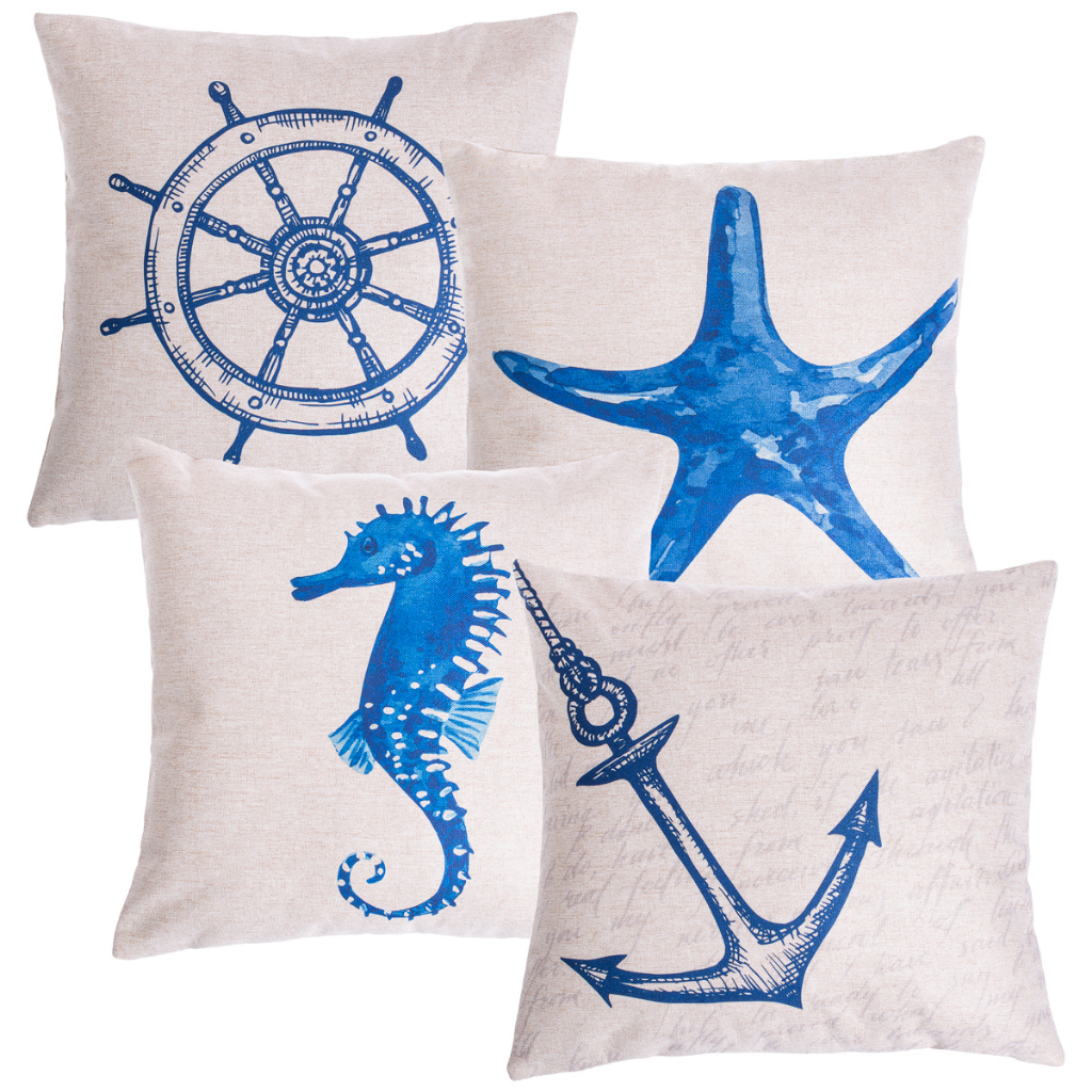 Kit Com 4 Capas Almofadas Decorativas em Tecido Linho Estampa Náutica Mar 45x45cm